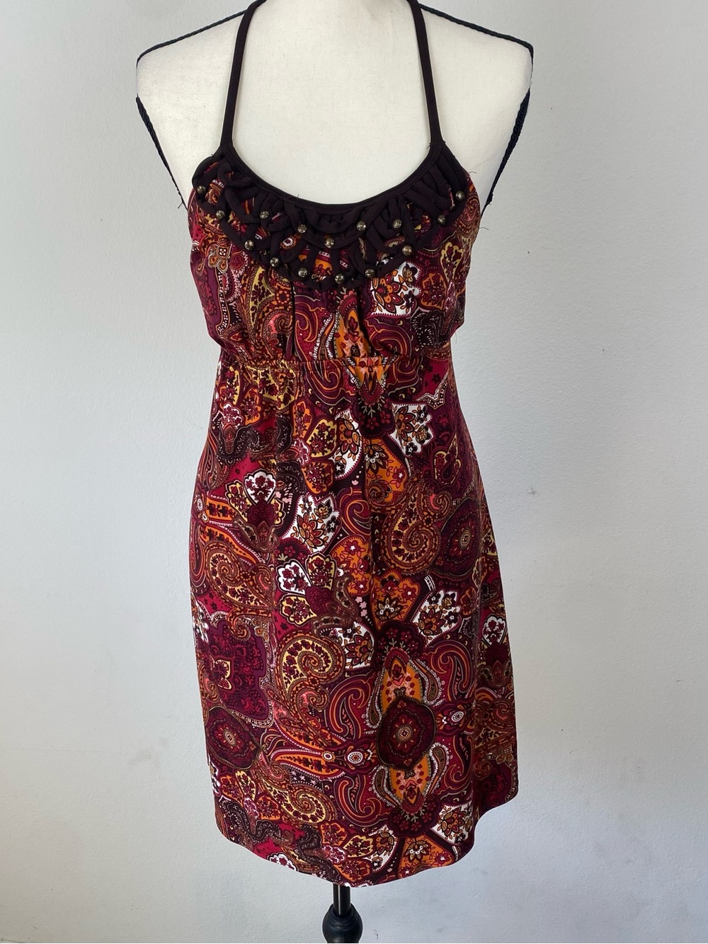 Heart Soul Burgundy and Rust Paisley Halter Mini Dress
